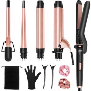Ufree 5 in 1 Curling Iron with Interchangeable Ceramic Barrels (0.35"-1.25"), Curling Wand Set with Flat Iron Hair Straightener, Instant Heat Up, Dual Voltage Hair Curler, Gifts for Women (Rose Gold)