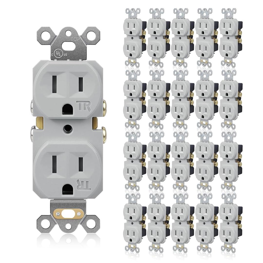 TOPELER Gray Electrical Outlets, 15Amp 125V, Residential Grade Receptacles Outlets, Tamper-Resistant(TR) Power Socket, 3-Wire, Self-Grounding, Push & Side Wire, UL Listed, 20 Pack