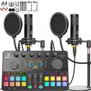 Podcast Equipment Bundle for 2 with Dual XLR3.5 Condenser Micophones with Mic Pop Filters Audio Equipment for Live Streaming/Recording, Online Gaming for Phone/Laptop/PC Audio Interface M100