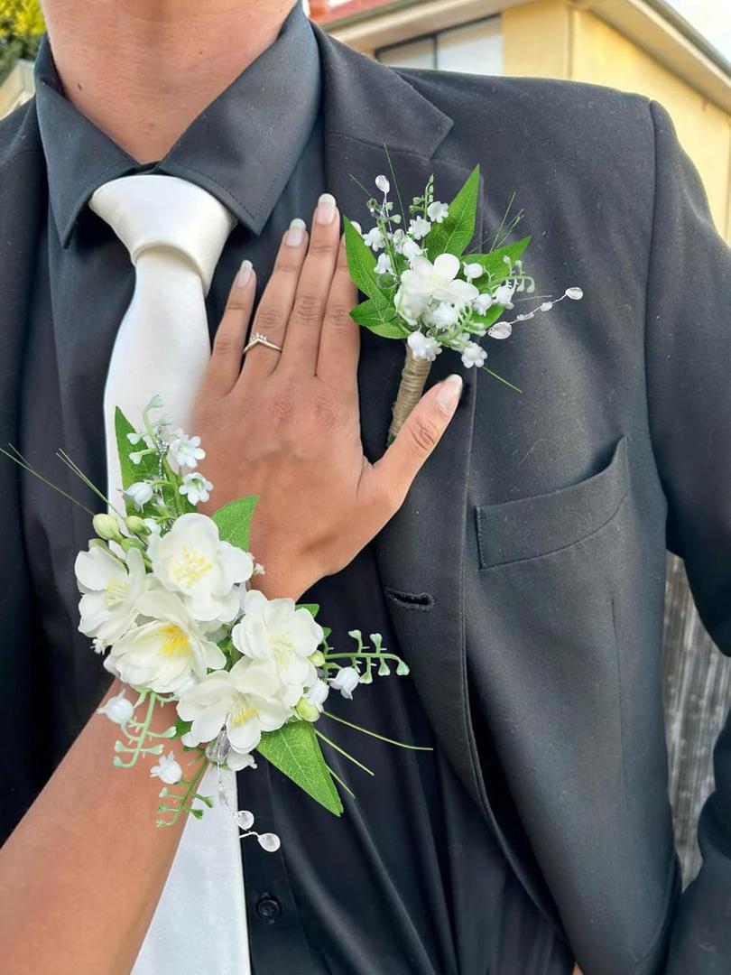 Rinlong Lily of the Valley Corsage and Boutonniere Set Wrist Corsage & Groom Boutonniere for Men Artificial Flowers for Wedding, Prom, Homecoming