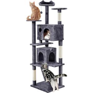 Yaheetech XL Cat Tree, 80in Multi-Level Tower With Scratching Posts, Double Caves, Perched Platforms and Dangling Balls, Stand House for Kittens Pet, Dark Gray