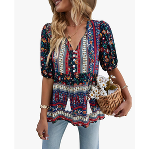 KAYWIDE Women's Casual Boho V Neck Top Loose Floral Printed Long Sleeve Beach Shirts Blouses XL