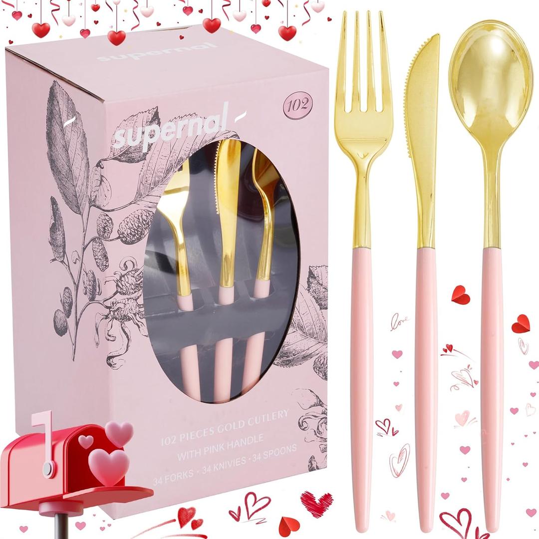 Supernal 102Pcs Pink Plastic Silverware, Gold Disposable Utensils with Pink Handle, Elegant Gold Plastic Silverware Set Includes 34 Forks, 34 Spoons and 34 Knives for Party & Wedding, Mother's Day