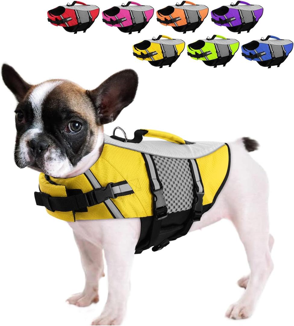 Queenmore Dog Life Jacket Swimming Vest Small Medium Dogs Neoprene Life Vest Lightweight Reflective Dog Lifesaver for Boating Kayaking Yellow,M