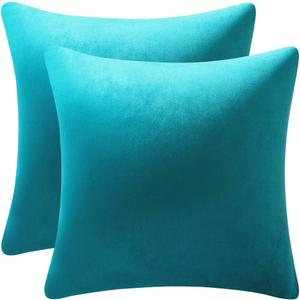 DEZENE Throw Pillow Cases 16x16 Turquoise: 2 Pack Cozy Soft Velvet Square Decorative Pillow Covers for Farmhouse Home Decor
