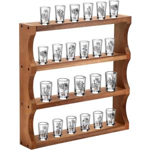 Wood Shot Glass Display Case Shot Glasses Holder Wall Floating Shelves Bar Collection Stand Collection Display Rack (Brown)
