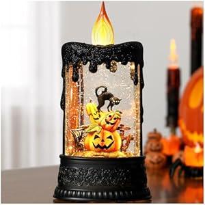 Halloween Snow Globe Candle with Music, Snow Globe Lantern Candle Pumpkin and Black Cat Glittering Lantern, Musical Light Halloween Festival Party Home Decoration USB & Battery Operated