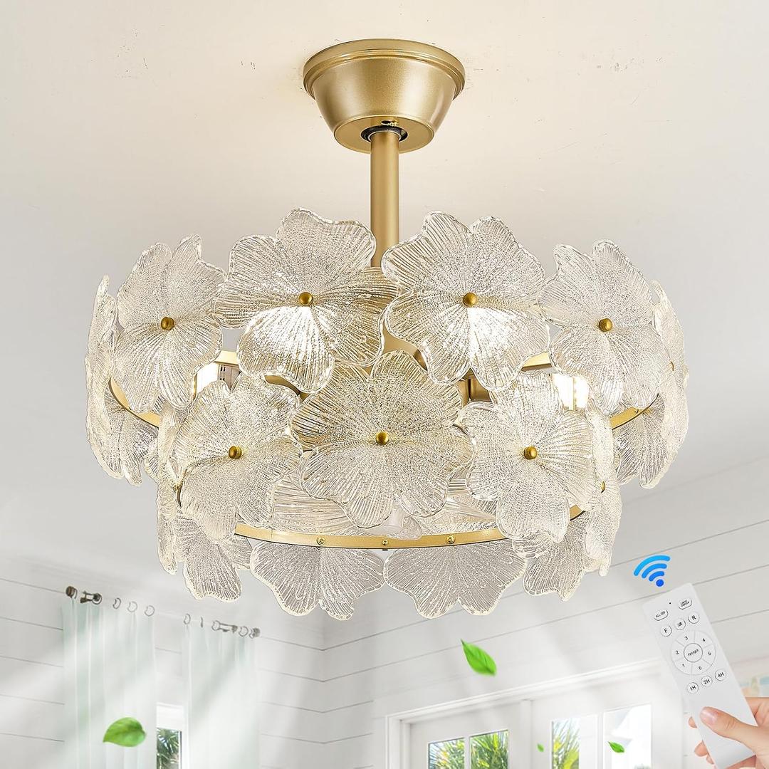 GlowHub Gold Ceiling Fan with Lights 20” Flower Crystal Glass Fandeliers with Remote Modern Caged Chandelier Fan 6 Speeds for Bedroom Living Room Dining Room