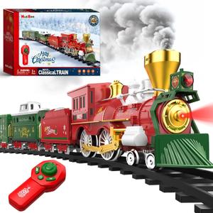 Hot Bee Christmas Train Set with Remote Control Train Toys w/Smoke, Lights & Sound, Christmas Train Sets for Around The Tree, Toy Train for Kids Train Set for 3 4 5 6 7+ Years Old Boys Gifts