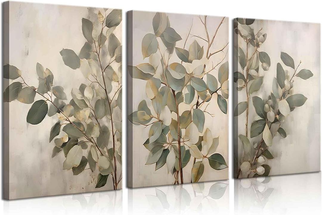 SUAXTCCR 3Pcs Eucalyptus Canvas Wall Art Neutral Botanical Wall Decor Pictures Modern Watercolor Plant Prints for Bedroom Living Room Home Decoration, 12x16 Inch (16L" x 12W")