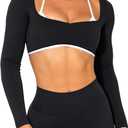 Women Backless Long Sleeve Workout Tops Gym Shirt Athletic Clothes Built in Bra Open Back Crop Top Yoga Sport Halter (Medium, Black White)
