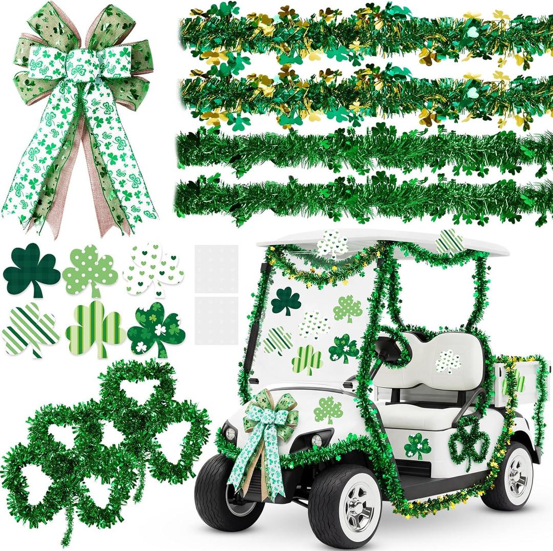 33 Pcs St. Patrick's Day Parade Golf Cart Decoration Include Irish St Pattys Wreath Bow Green Shamrocks Tinsel Garlands Shamrock Cutouts Stickers for Outdoor Indoor Holiday Party Decoration
