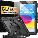 BLOSOMEET Case for iPad A16 11th/10th Generation 11''/10.9'' 2025/2022 with Tempered Glass Screen Protector & Pencil Holder, Rugged Military Grade Cover w/Stand Hand Shoulder Strap, Black