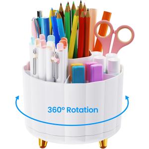 Pencil Holder for Desk 360 Rotating, Pen Holder for Desk or Classroom, Pencil Cup & Pen Organizer, Rotating Caddy, Makeup Brush Holders with 6 Slots, White