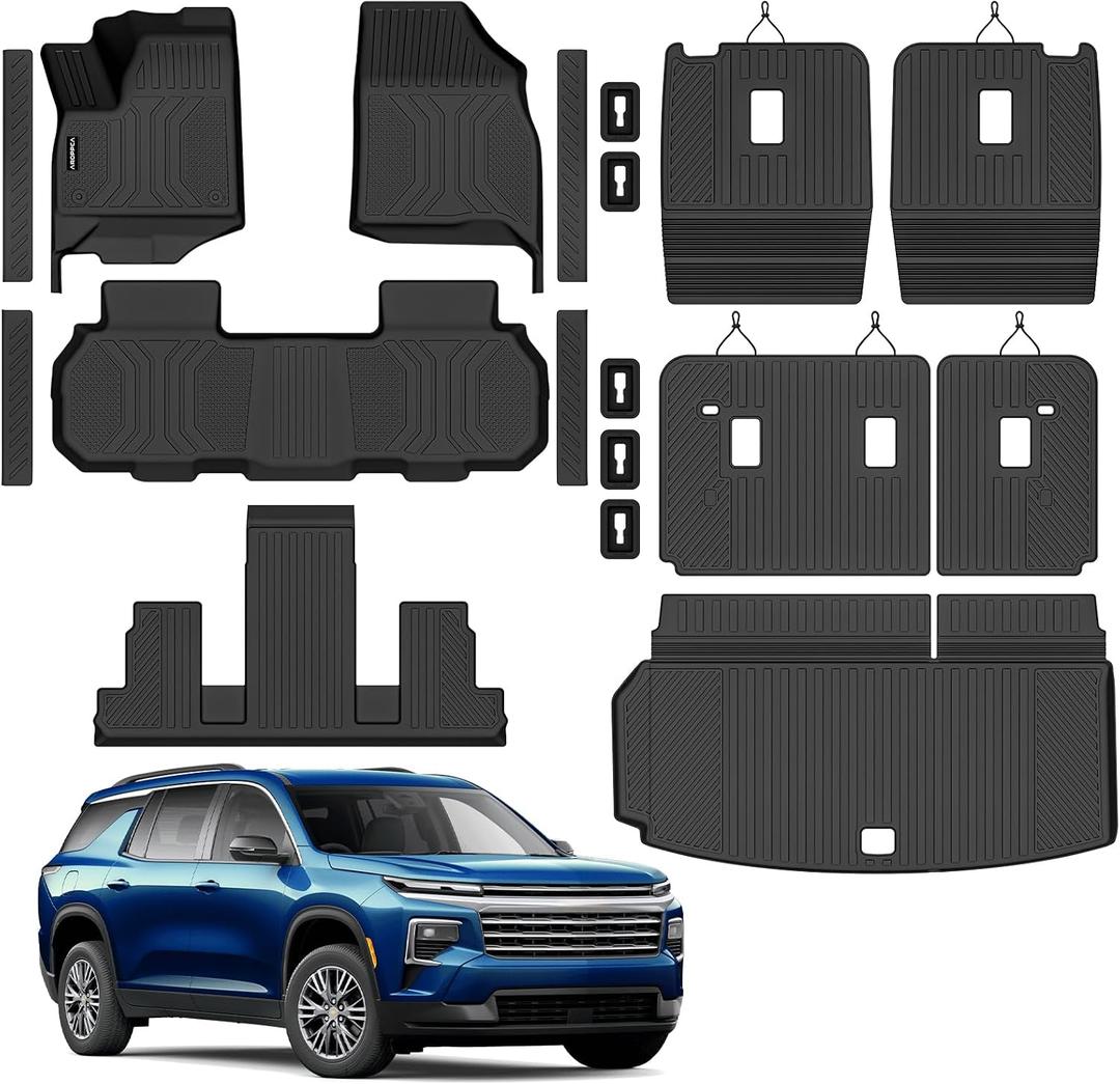 Floor Mats Full Set for 2024-2026 Chevy Traverse & GMC Acadia 7 Seats | TPE Rubber Mats Anti-Slip Automotive Mats wih Door Sill Guards Accessories
