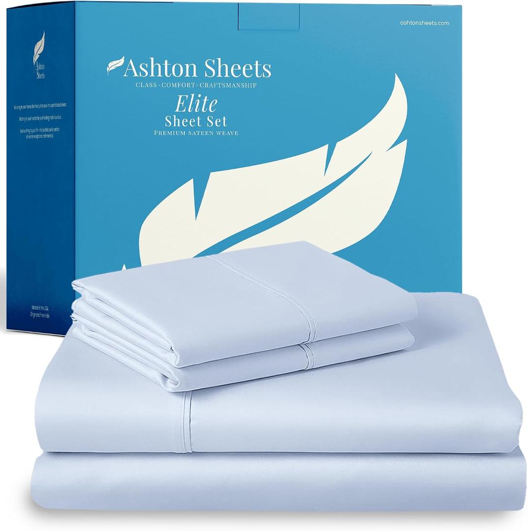 100% Egyptian Cotton Sheets Queen Size Bed Set - 800 Series Elite Collection Egyptian Cotton Sheet Set (4 PC, Light Blue), Soft, Cooling, 16" Deep Pocket Sateen Luxury Hotel Bedsheet