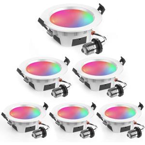 Smart Recessed Lighting 3 Inch, RGBCW, 2700K-6500K CCT Selectable, Dimmeble, Color Changing LED Downlight 6 Pack, App Control, CRI80+ RGB Can-Killer LED Downlight Light Fixtures