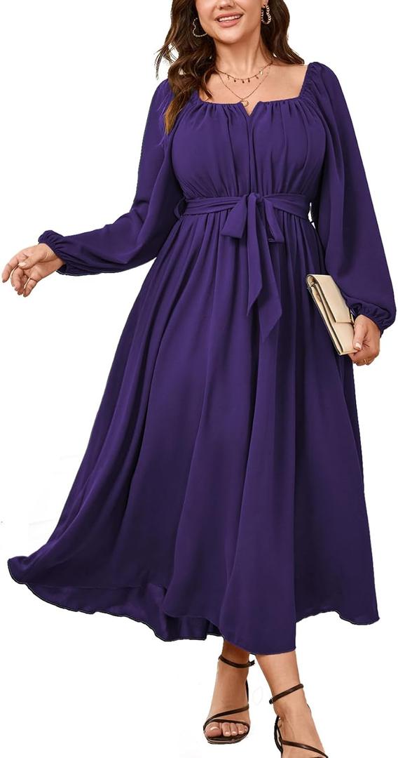 SCOMCHIC Women Plus Size Maxi Dress Long Sleeve Square Neck Wedding Guest Cocktail Belted Elegant Flowy A Line Long Dresses, 2XL