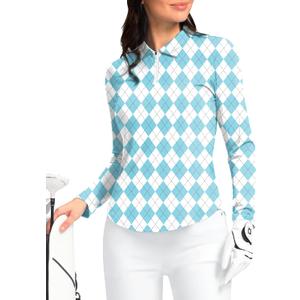 Women's Golf Shirts Lightweight UPF 50+ Long Sleeve Shirts UV Protection Quick Dry Cool Polo Shirts for Women Work Outdoor (Blue Plaid)