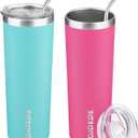 BJPKPK 2 Pack 20oz Skinny Tumblers with Lid Insulated Travel Coffee Cup Stainless Steel Thermal Mug,Turquoise,Pink