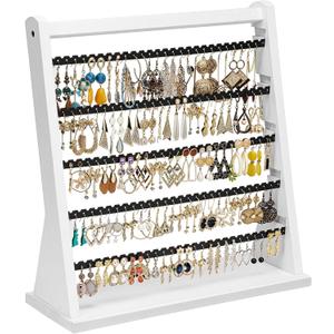 Earring Holder Organizer, Rustic Wood Earring Holder Stand, 5 Layer Jewelry Holder Organizer with 270 Earring Tree Holes Display Rack for Stud Earings & Hoop Earrings, Gifts for Women (Weathered White)