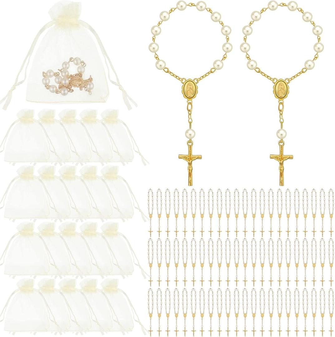 Fumete 60 Pieces Mini Rosary Favors Baptism Favors Acrylic Rosary Beads Finger Baptism Rosaries with Organza Bags for Christening Weddings Party