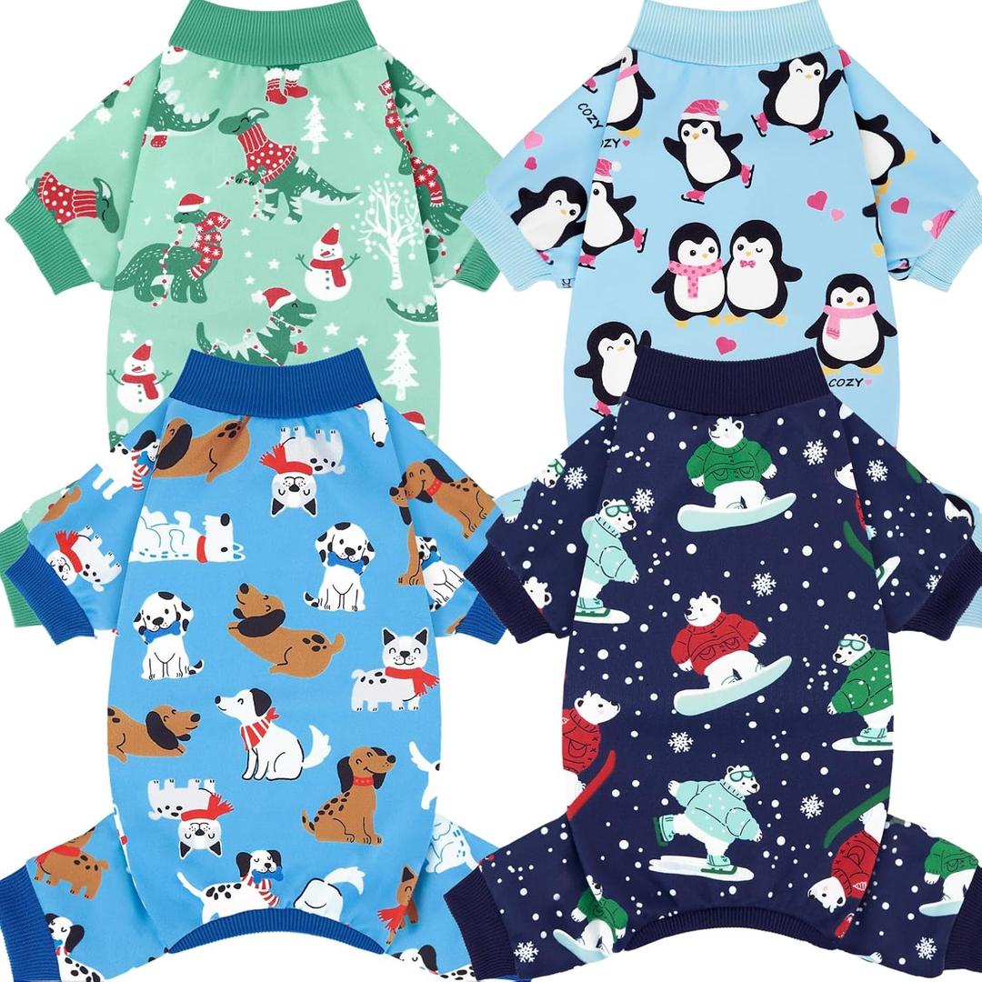 XPUDAC 4 Pack Dog Pajamas Cute Dog Clothes for Small Medium Dogs Boy Stretchy Soft Pjs Jammies Outfit Puppy Onesies for Winter, M (Medium(Chest-16"))