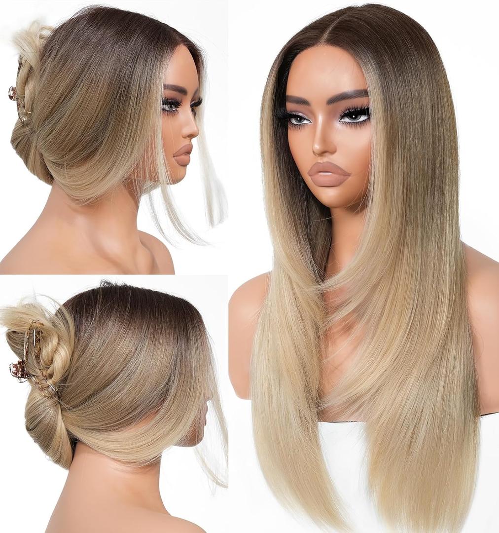 Ombre Blonde Wear and Go Glueless Wigs Pre Plucked Pre Cut for Beginners Synthetic Lace Front Wigs With Bangs Blonde Long Layered Straight Wigs 26 Inch 3 Seconds to Wear for Beginners
