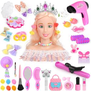 Everideals 39PCS Hair Styling Doll Head Makeup Kit for Girls,Pretend Play Hair Styling Set,with Hairdryer Curling Iron Crown Hairpins Accessories Kit Birthday Gifts for 3 4 5 6+ Years Old Toy