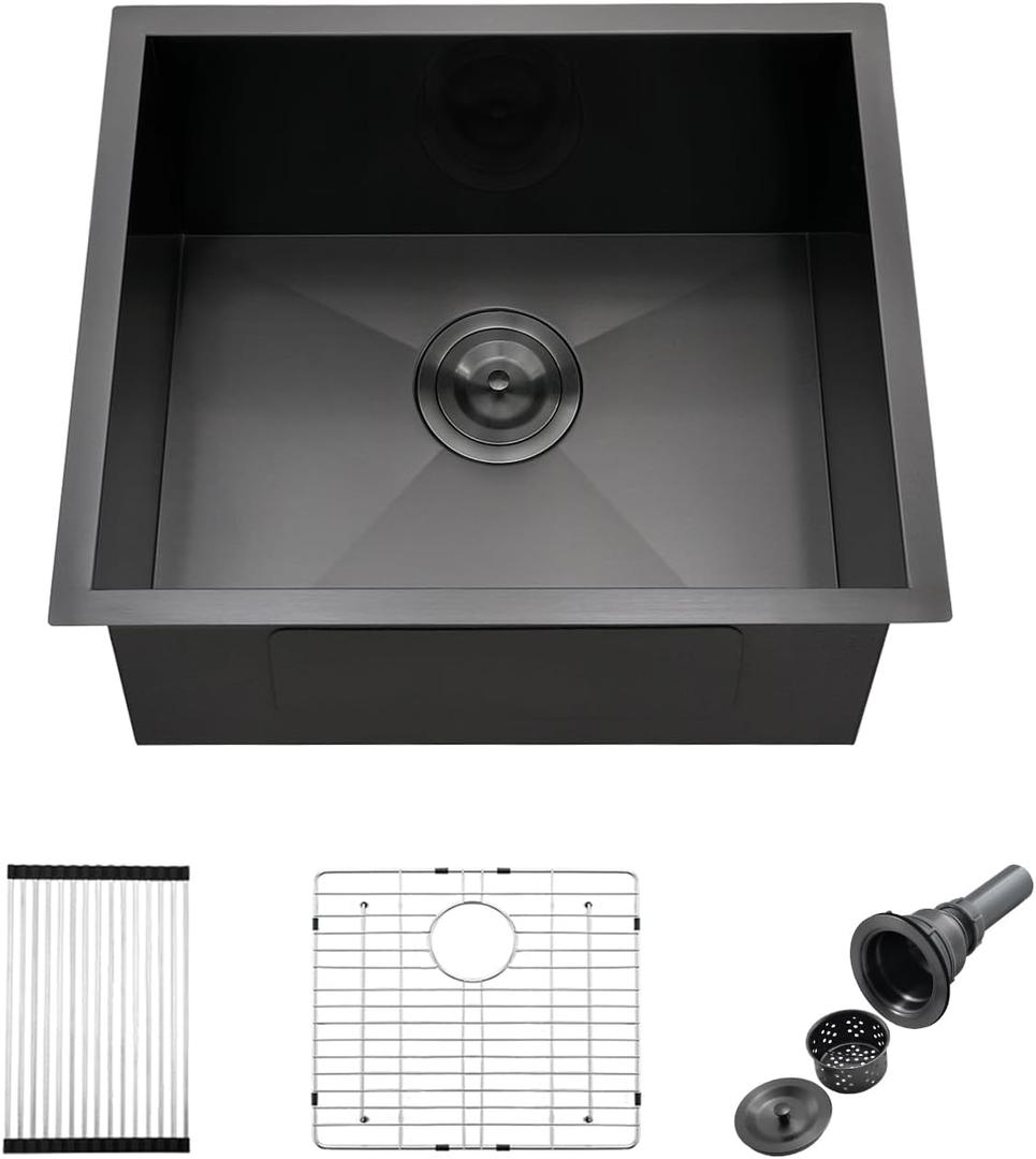 21" Undermount Kitchen Sink, 16 Gauge Gunmetal Black T304 Stainless Steel Single Bowl, 21x19x10 Inch Deep Bar Prep Sink with Roll-up Drying Rack & Grid, Scratch-Resistant Nano Finish