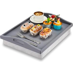 Tioncy Bamboo Lap Tray with Detachable Pillow 16.9'' x 13'' Lap TV Trays Lap Desk with Handles for Adults Eating in Recliner Breakfast Housewarming Gift(Grey, 1 Piece)