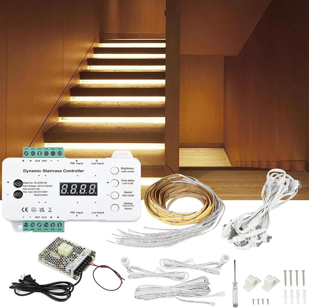Indoor LED Stair Light Motion Sensor Complete Set Stair Running Light with COB LED Strip Light Cascading Stairwell Staircase Lighting Under Tread Lights with Remote for New Construction