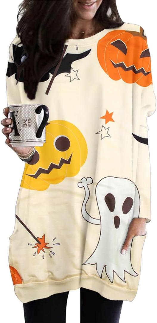 JINTING Women Halloween Sweatshirt Pumpkin Cat Long Sleeve Funny Doddle Graphic Printed Pullover Dress Fall Shirt Tops, Size: Small