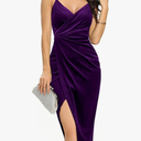 Missufe Women's Sleeveless Spaghetti Strap Wrap V Neck Bodycon Ruched Slit Midi Party Cocktail Velvet Dress M