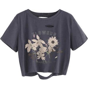 Avanova Women Distressed Loose Crop Top Oversized Short Sleeve Ripped Tee Shirt (Medium, Grey Floral)