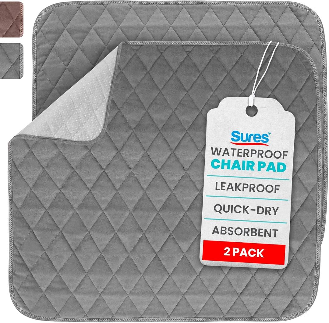 Sures Waterproof Chair Pads for Incontinence (22" x 21") - Washable, Waterproof Seat Protector - Chair Protector Seat Cover - Absorbent Pad for Bed, Seat, Car, Wheelchair & Recliner (Gray, 2 Pack)