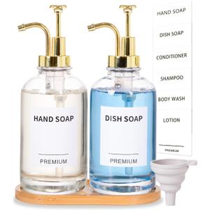 Dish Soap Dispenser for Kitchen, Hand Glass Soap Dispenser Set with Pump, Tray, Funnel for Bathroom, Shower, Laundry, Liquid, Lotion (Gold 2 Pack 18 Oz Clear Bottles with 12 Stickers)