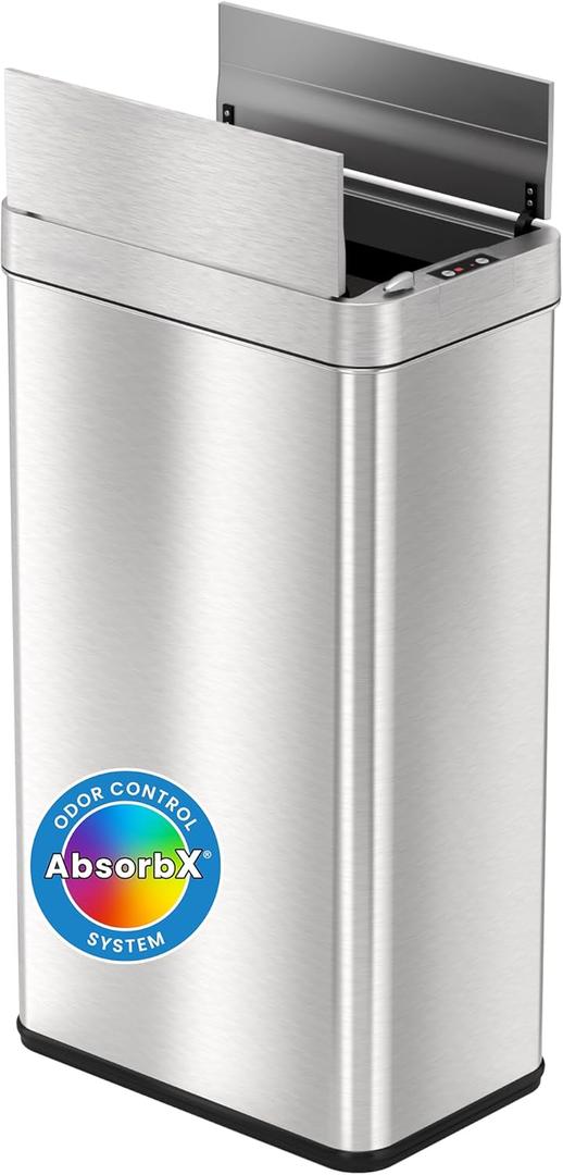 iTouchless 18 Gallon Wings Open Kitchen Trash Can with Lid and Odor Filter, Dog Proof Lid Lock 68 Liter Slim Stainless Steel Garbage Bin Home Office Bedroom Living Room Large Capacity Wastebasket (Brushed Silver 18 Gal Sensor)