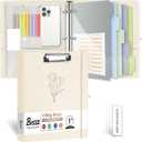 1 Inch 3 Ring Linen Binder Organizer, BVSSX Three Ring Binders with Clipboard, Plastic Folder, 5-Tabs Pocket Dividers with Sticker Labels, Pen Loop, Elastic Strap (Beige, Letter Size)