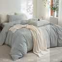FOSSA Striped Duvet Cover Set 100% Washed Cotton Linen Feel Super Soft Breathable Cozy 3 Pieces Bedding Sets Heathered Green Classic Stripes Queen