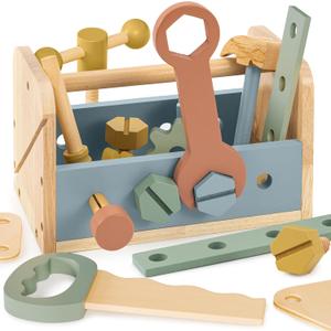 Durable Wooden Tool Set for Toddlers - Montessori Tool Box Kit with Hammer for Boys & Girls 2-5 Years - Fun Christmas Toy Gift for Kids with 30+ Safe Tools for Creative Play