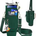 Water Bottle Carrier Bag with Phone Pocket Compatible with Stanley/Meoky 40 oz Tumbler with Handle,Water Bottle Holder Pouch with Adjustable Strap Compatible with Stanley Cup Accessories (Green-Style B)