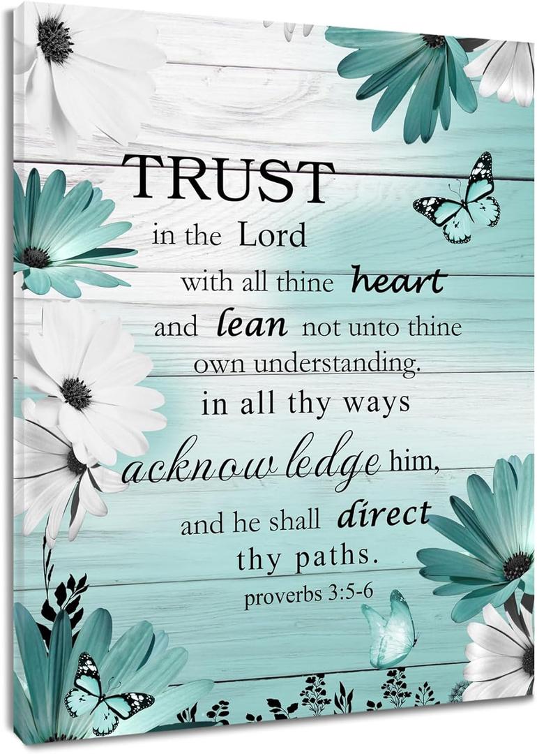 LB Farmhouse Teal Blue Floral Wall Art for Bathroom Bible Verse Canvas Wall Art Wall Paintings Home Decor Daisy Flower Butterfly Wall Pictures for Living Room Bedroom Office Ready To Hang,12x16 Inch