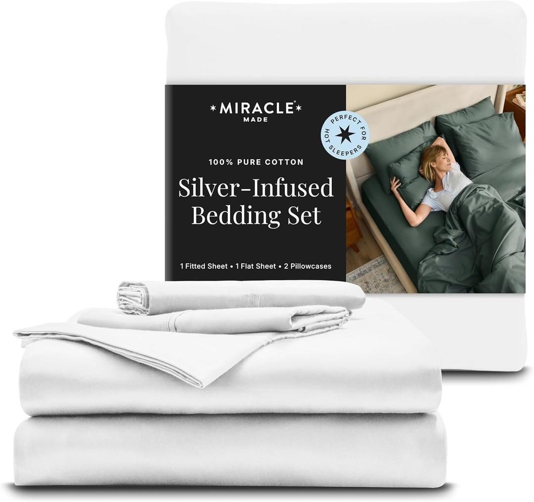 Miracle Made Breathable Cotton Bed Sheets, 4Piece Set – SilverTreated, Soft and CooltotheTouch Lightweight Bedding Designed for Hot Sleepers – Queen Size, White