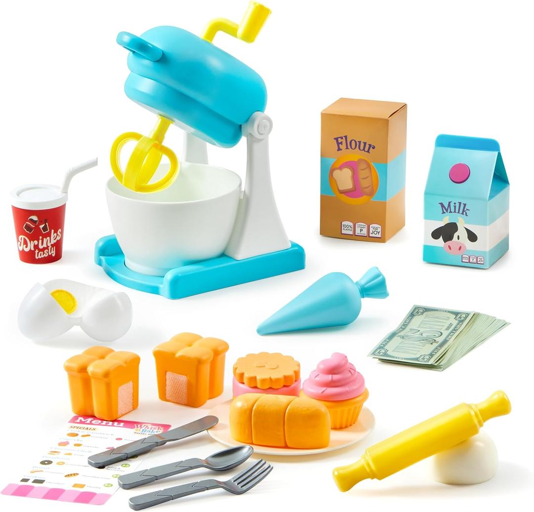 lalalark Whisk n' Bake Bakery Mixer Playset, 16 Pieces Toy Kitchen and Food Accessories with Play Money and Menu, Pretend and Play Toys for Girls Boys, Birthday Gift for Kids