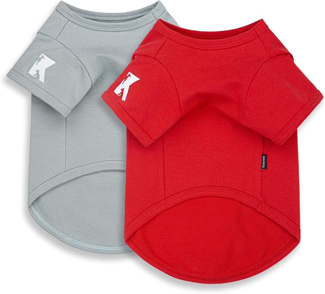 Koneseve Dog Shirt Breathable Cotton Stretchy Clothes for Small Pets 2-Pack Sunny Red & Smoky Blue M (M-(6~9lb) | Chest(~15.3"))