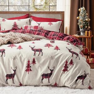 Bedsure King Size Christmas Duvet Cover Set - Festive Bedding Collection Featuring a Reversible Red Plaid Buffalo Check Design, Includes 1 Duvet Cover and 2 Pillow Shams (King, Reindeer)