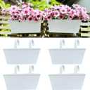 LaLaGreen Rail Planter Box (4 Pack, 16 Inch) Large White Metal Hanging Flower Pots, Rectangle Outdoor Strawberry Plant Holder Window Balcony Deck Railing Fence Minimalist Farmhouse Countryside Style