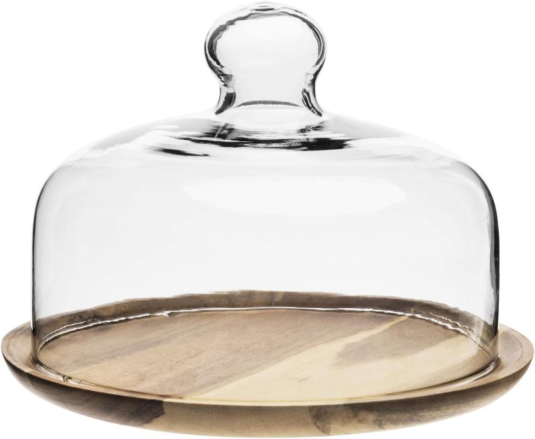 MyGift Cloche Dome Clear Glass Dessert Cheese Serving Tray 7.5 Inch Small Cake Cupcake Stand with Acacia Wood Base for Party Wedding