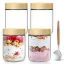 16oz Overnight Oats jars 4 Pack,Overnight Oats Containers with Bamboo Lids for Meal Prep,Wide mouth Mason Glass Salad Jars with Spoons,Glass Food Storage Container for Yogurt Chia Pudding Spice Sugar